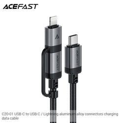 Acefast C20-01 USB-C to USB-C / Lightning 60W Aluminum Alloy Connectors Charging Data Cable (1.2m) - Black